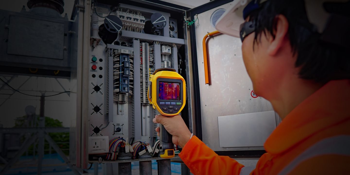Engineer thermal-imaging a live control panel on site